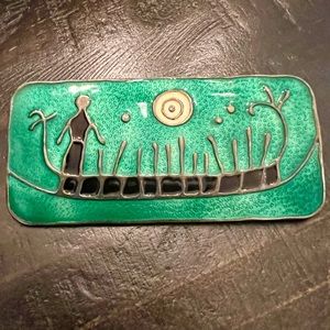 Nora Gulbrandsen vintage sterling silver enamel brooch. Rock carving.